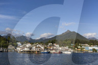 A view of the commercial fishing docks and waterfront in Sitka, Baranof Island, Southeast Alaska, USA.