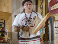 Native dancers in traditional Haida dancing regalia, Old Masset, Haida Gwaii, British Columbia, Canada.