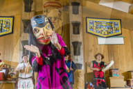 Native dancers in traditional Haida dancing regalia, Old Masset, Haida Gwaii, British Columbia, Canada.