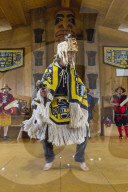 Native dancers in traditional Haida dancing regalia, Old Masset, Haida Gwaii, British Columbia, Canada.