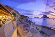 Restaurant at Cala d'Hort with The Island of Es Vedra in the Background, Ibiza, Balearic Islands, Spain