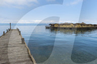 Lacustrine Bay of Bones Archaeologic museum built on a platform of 10.000 wooden piles, Ohrid lake, Macedonia