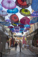 Colorful umbrellas hanging in a street, Skopje, Macedonia