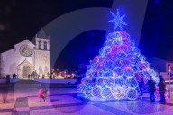 Illuminated modern Christmas tree in front of the Parish Church, Alcochete, Setubal Province, Portugal