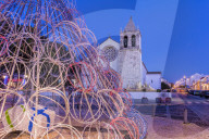 Illuminated modern Christmas tree in front of the Parish Church, Alcochete, Setubal Province, Portugal
