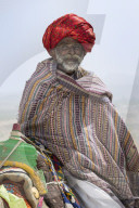 Man of the Dhebariya Rabari community in traditional cloth with a dromedary, Great Rann of Kutch Desert, Gujarat, India