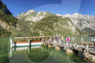 Landing stage at Saletalm Alp on Lake Koenigssee, Watzmann Mountain, Berchtesgadener Land, Berchtesgaden National Park , Upper Bavaria, Bavaria, Germany