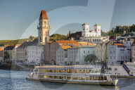 View over Danube River to town hall and Parish Church St.Michael, Passau, Lower Bavaria, Germany