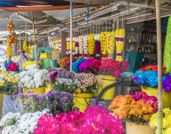 Colourful traditional garland stand in George Town, a UNESCO World Heritage site, Penang Island, Malaysia, Southeast Asia, Asia.