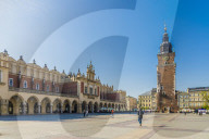 Cloth Hall and the Town Hall Tower in the Main Square in the medieval old town, a UNESCO World site, in Krakow, Poland, Europe
