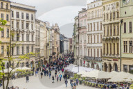 An elevated view over the Main Square in the medieval old town, a UNESCO World Heritage site, in Krakow, Poland, Europe.