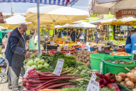 A fruit and vegetable stall at the Unitarg Plac Targowy local market in Krakow, Poland, Europe.
