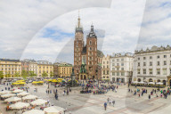 An elevated view towards St Marys Basilica in the medieval old town, a UNESCO World Heritage site, in Krakow, Poland, Europe.