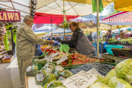 A fruit and vegetable stall at the Unitarg Plac Targowy local market in Krakow, Poland, Europe.