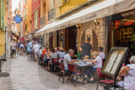 Cafe scene in Monaco Ville, old town, in Monte Carlo, Monaco, Cote d Azur, French Riviera, Mediterranean, France, Europe