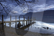 Dawn at Brandelhow jetty on Derwentwater, Cumbria, England, United Kingdom, Europe.