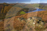 Ladybower Reservoir and Derwent Valley in autumn seen from Bamford Edge, Peak District National Park, Derbyshire, England, U.K.