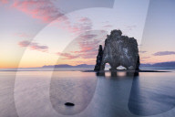 Hvtserkur, a dragon shapped rock in North West Iceland at Sunset (around midnight in summer)