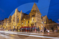 Exterior of Great Market Hall or Central Market Hall at night with light trails, Kozponti Vasarcsarnok, Budapest, Hungary, Europe
