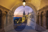 Fisherman's Bastion with dramatic sunrise, Buda Castle Hill, Budapest, Hungary, Europe