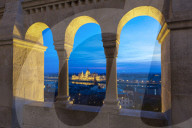 Hungarian Parliament viewed from the columns of the Fisherman's Bastion, UNESCO World Heritage Site, Budapest, Hungary, Europe