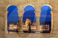 The Hungarian Parliament at night, viewed from the columns of the Fisherman's Bastion, UNESCO World Heritage Site, Budapest, Hungary, Europe