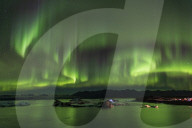 Jokulsarlon Glacial Lagoon with Aurora Borealis display, Jokulsarlon, South Iceland.