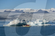 Jokulsarlon Glacier Lagoon with boat tour, with Breidamerkurjokull Glacier behind, South East Iceland, Iceland