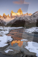 Fitz Roy and Cerro Torre with snow at sunrise reflected, Los Glaciares National Park, El ChaltÃ©n, Santa Cruz Province, Patagonia, Argentina, South America