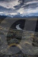 Mount Fitz Roy with Las Vueltas river, a typical Patagonia landscape, Los Glaciares National Park, El Chalten, Argentina
