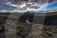 Mount Fitz Roy (Cerro Chalten) with Las Vueltas river , a typical Patagonia landscape, Los Glaciares National Park, El Chalten,