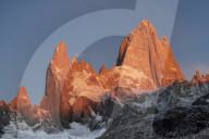 Mountain range of Cerro Fitz Roy and Cerro Torre at sunrise, Los Glaciares National Park, El ChaltÃ©n, Santa Cruz Province, Patagonia, Argentina, South America