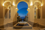 Arabian architecture at night, Saadiyat island, Abu Dhabi, UAE.