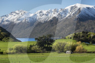 Rural scene of Lake Wanaka backed by snow capped mountains, Wanaka, Otago, New Zealand.