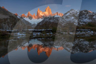 Mountain range with Cerro Fitz Roy at sunrise reflected, Los Glaciares National Park, El ChaltÃ©n, Patagonia, Argentina,
