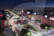 Elevated city view with 9 de Julio Avenue, Buenos Aires, Argentina, South America