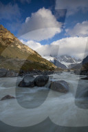 Flowing Rio Fitz Roy River, Mt Fitz Roy and Cerro Torre, El Chalten, Patagonia, Argentina