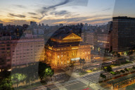 The Teatro Colon at sunset on 9 de Julio Avenue at night, Buenos Aires, Argentina, South America