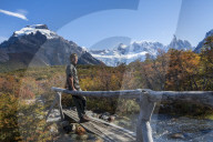 Tourist at El Chalten with Cerro Torre, El Chalten, Patagonia, Argentina