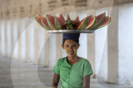 Burmese lady selling water melons. Nyaung U., Bagan (Pagan), Myanmar (Burma), Asia
