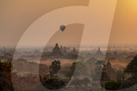 Hot air balloon flying over Stupas, Bagan, Myanmar