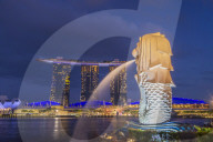 The Merlion statue and Marina Bay Sands Hotel at night, Singapore