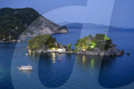 Elevated view of Panagia Chapel at night, Parga, Preveza, Greece