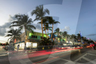 Art Deco architecture at night on Ocean Drive, South Beach, Miami Beach, Florida, USA