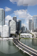 Bridge leading to Brickell Key and Downtown Miami skyline, Florida, USA