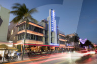 Art Deco architecture at night on Ocean Drive, South Beach, Miami Beach, Florida, USA