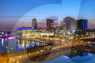 Elevated view of the modern MediaCity UK complex at Salford Quays in Manchester, England, United Kingdom, Europe