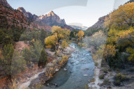 View along the Virgin River to the Watchman, autumn, Canyon Junction, Zion National Park, Utah, USA.