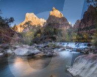View across the Virgin River to Abraham and Isaac Peaks, sunrise, Court of the Patriarchs, Zion National Park, Utah, USA.