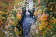 Aerial view of High Force and River Tees, autumn, North Pennines AONB, Middleton-in-Teesdale, Teesdale, County Durham, England.